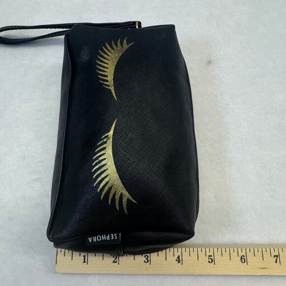 SEPHORA Makeup Cosmetics Travel Toiletry Bag Black Pouch Hot Gold Eyelashes Glam - Picture 3 of 9